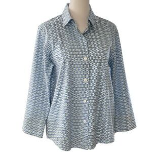 Talbots Blue Green Horsebit Print on White ButtonUp Shirt Sz 6 Wrinkle Resistant